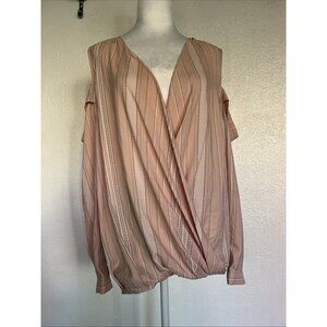 Worthington Striped Cold Shoulders Overlay Long Sleeve White Pink Sz OX
